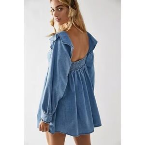 Free People About You Babydoll Denim Ruffle Tunic Mini Dress Indigo Size XS